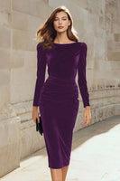 Load image into Gallery viewer, Dark Green Bodycon Velvet Boat Neck Midi Holiday Party Dress with Sleeves