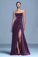 Load image into Gallery viewer, Burgundy Strapless Velvet Long Holiday Party Dress with Slit