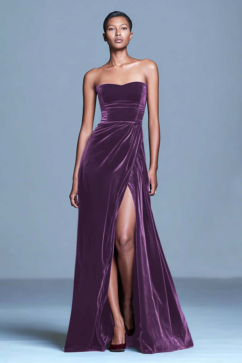 Load image into Gallery viewer, Burgundy Strapless Velvet Long Holiday Party Dress with Slit