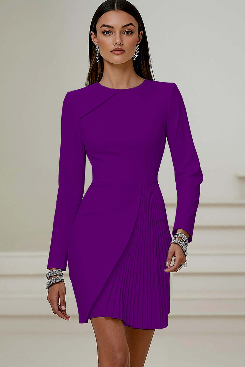 Load image into Gallery viewer, Queendancer Women Ivory Pleated Short Work Dress Long Sleeves Pencil Round Neck Business Dress