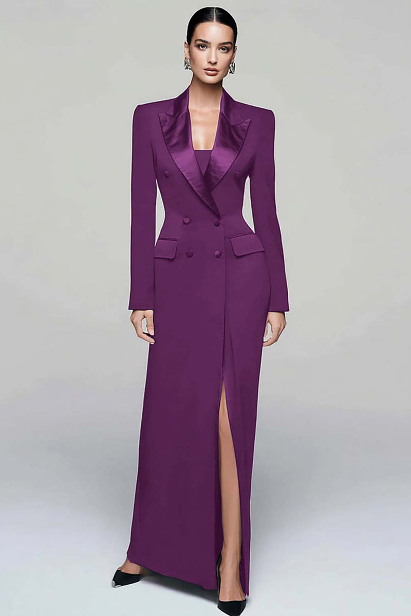 Load image into Gallery viewer, Queendancer Women Black Pencil Long Sleeves Blazer Dress with Slit Peak Lapel Double Breasted Coat Dress