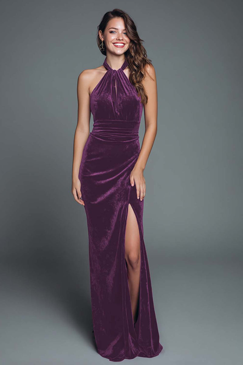 Load image into Gallery viewer, Burgundy Halter Velvet Mermaid Ruched Long Holiday Party Dress with Slit