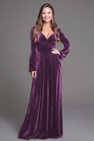 Load image into Gallery viewer, Burgundy Velvet A-Line V-Neck Long Sleeves Holiday Party Dress