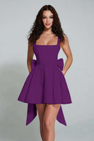 Load image into Gallery viewer, Plum A Line Square Neck Short Homecoming Dress with Bow