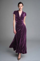 Load image into Gallery viewer, Plum Ruched Velvet V Neck Long Holiday Party Dress with Sleeves