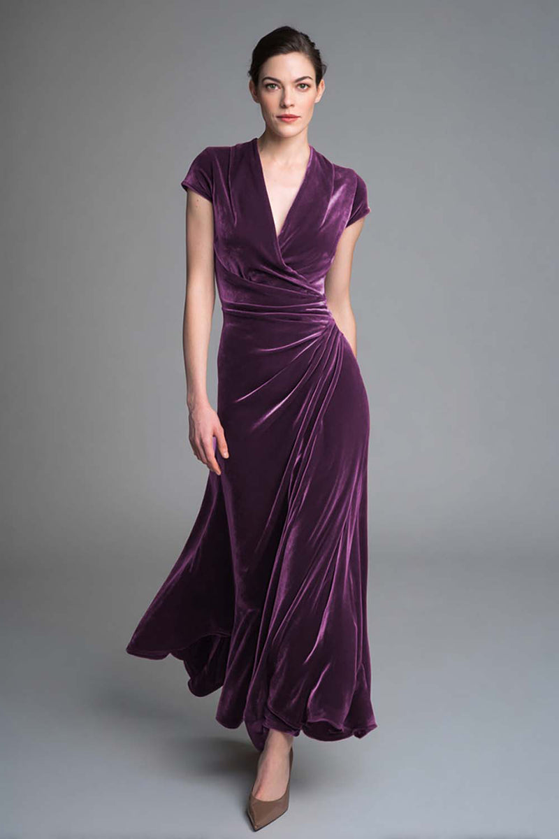 Load image into Gallery viewer, Plum Ruched Velvet V Neck Long Holiday Party Dress with Sleeves