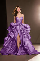 Load image into Gallery viewer, Dark Red A Line Satin Ruffled Sweetheart Ball Gown Long Pageant Dress with Slit