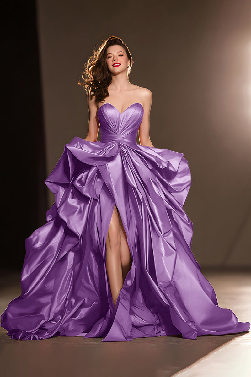 Load image into Gallery viewer, Dark Red A Line Satin Ruffled Sweetheart Ball Gown Long Pageant Dress with Slit