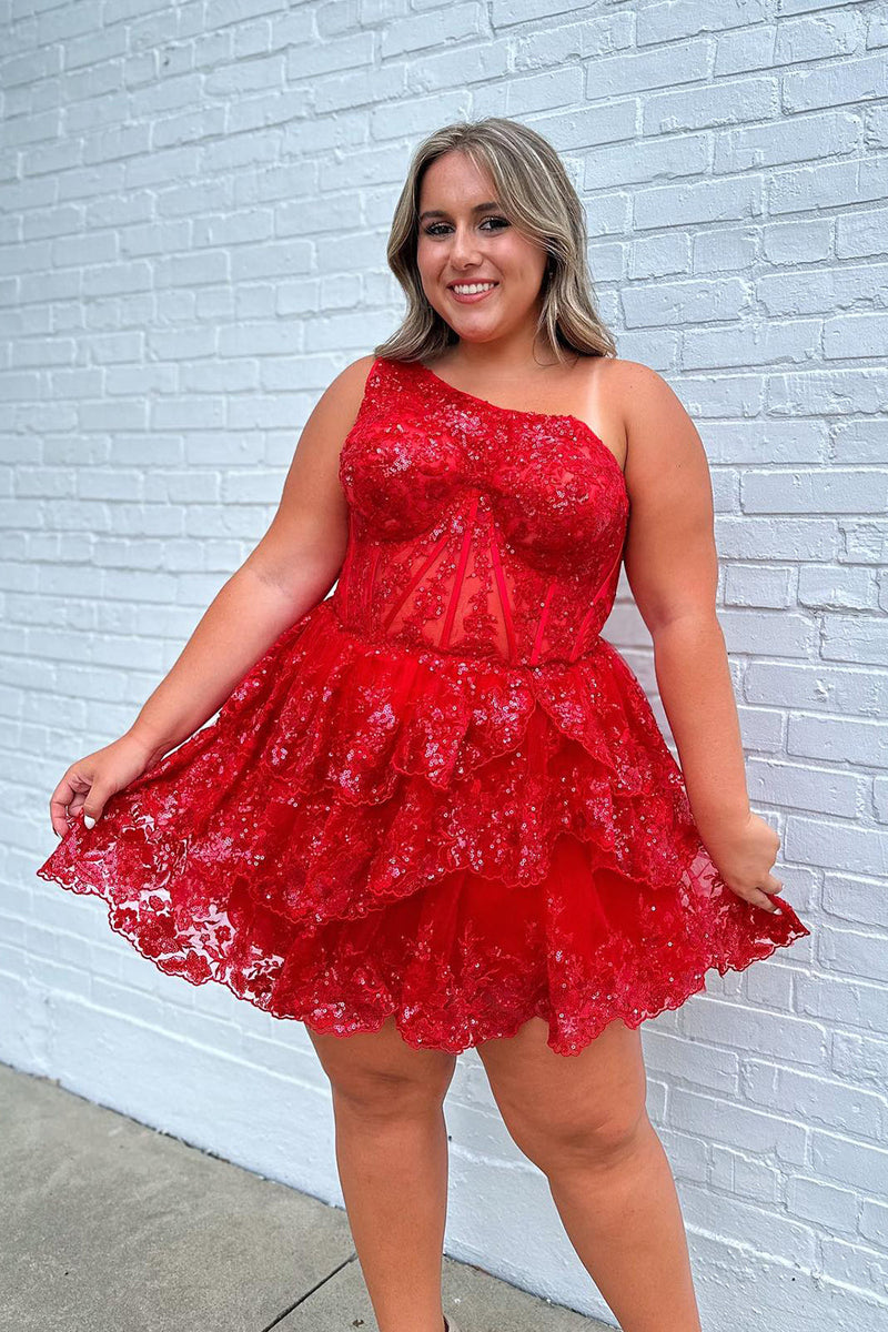 Load image into Gallery viewer, Sparkly Pink One Shoulder Tiered Homecoming Dress with Lace
