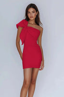 Load image into Gallery viewer, White Sheath Satin One Shoulder Graduation Dress with Bow