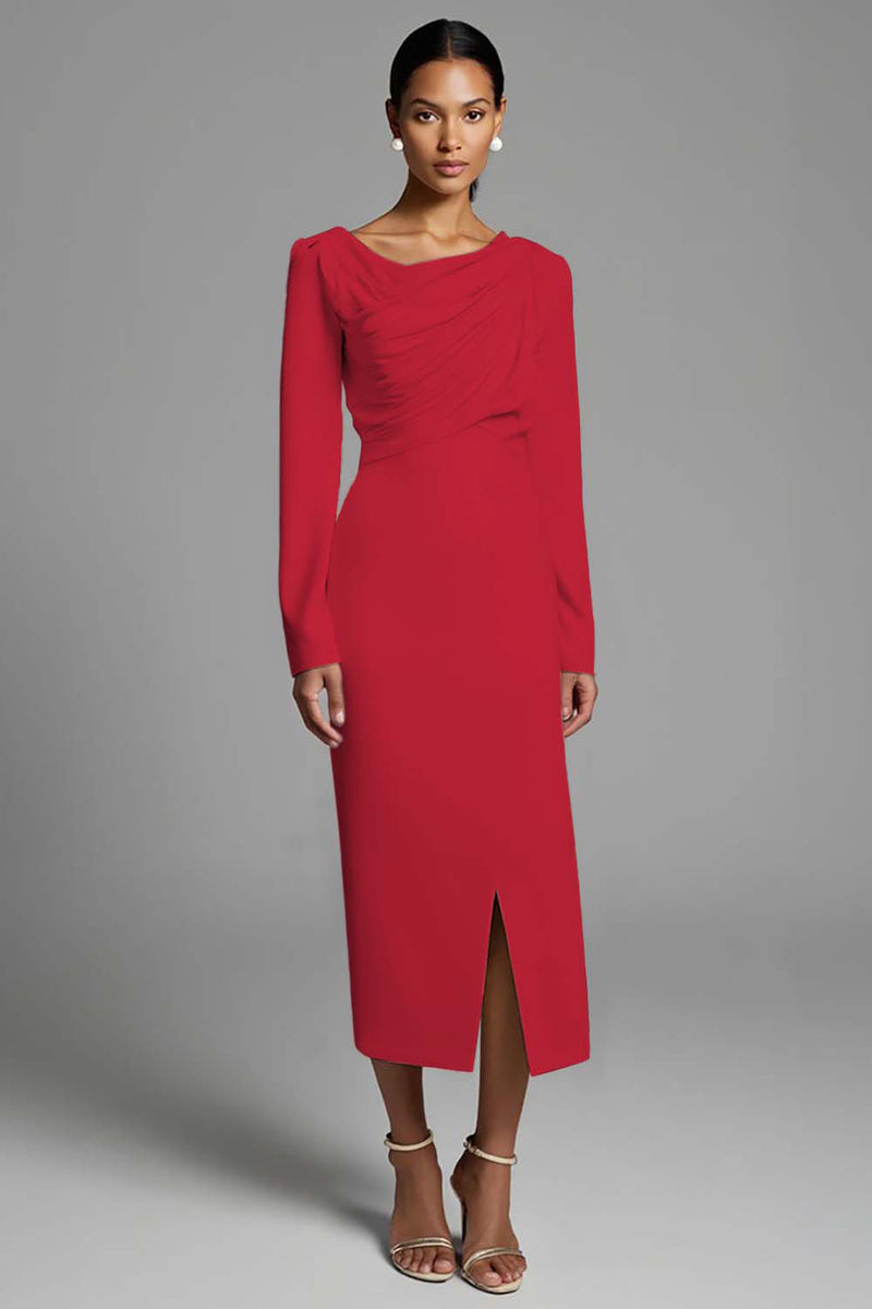 Load image into Gallery viewer, Ivory Sheath Ruched Long Sleeves Work Dress with Slit