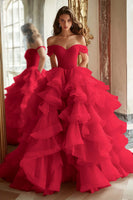 Load image into Gallery viewer, Pink Ball Gown A Line Tulle Off the Shoulder Tiered Long Quinceanera Dress with Ruffles