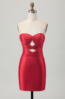Load image into Gallery viewer, Queendancer Women Sparkly Red Tight Short Homecoming Dress with Keyholes Beaded Sweetheart Strapless Lace Up Back Satin Cocktail Dress