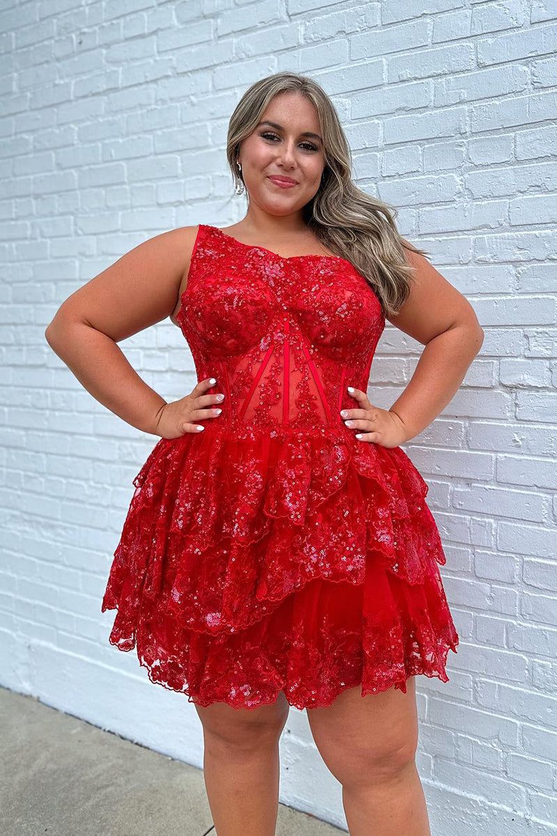 Load image into Gallery viewer, Sparkly Pink One Shoulder Tiered Homecoming Dress with Lace