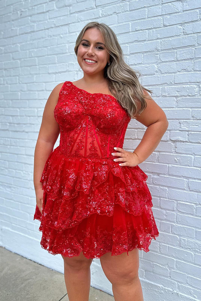 Load image into Gallery viewer, Sparkly Pink One Shoulder Tiered Homecoming Dress with Lace