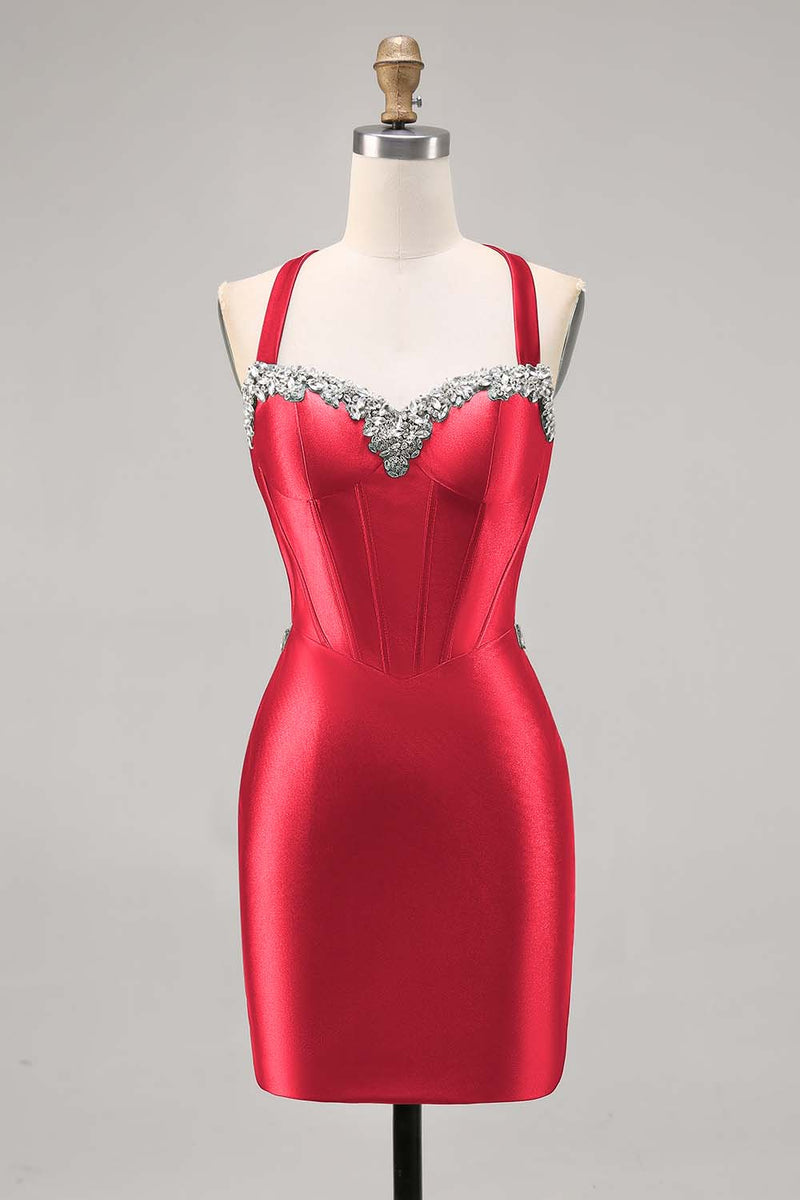 Load image into Gallery viewer, Sparkly Green Satin Corset Tight Short Homecoming Dress with Beading