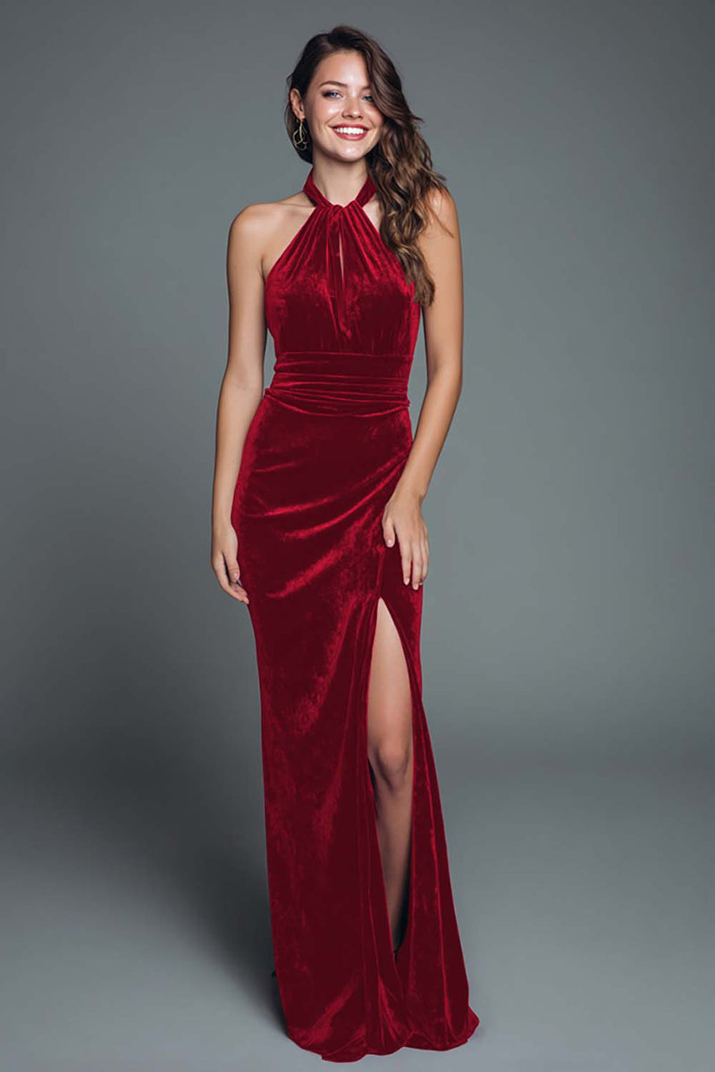 Load image into Gallery viewer, Burgundy Halter Velvet Mermaid Ruched Long Holiday Party Dress with Slit
