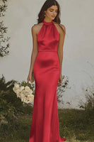 Load image into Gallery viewer, Dusty Rose Satin Halter Sheath Long Bridesmaid Dress