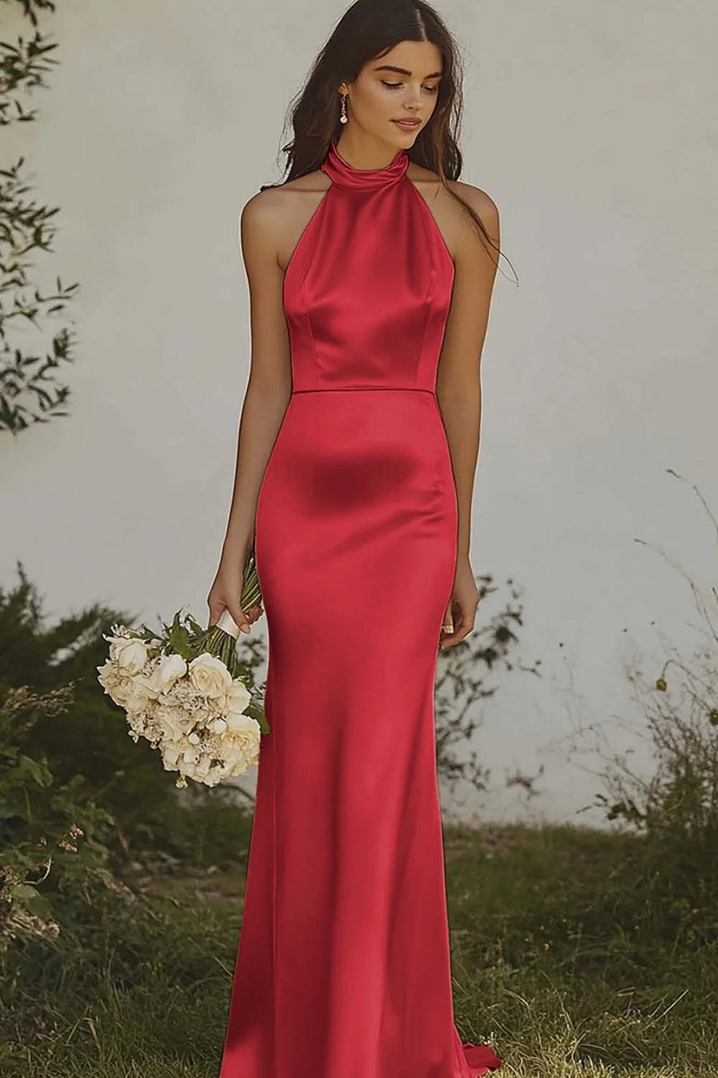 Load image into Gallery viewer, Dusty Rose Satin Halter Sheath Long Bridesmaid Dress