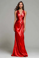Load image into Gallery viewer, Sparkly Gold Metallic V-Neck Mermaid Ruched Long Formal Dress