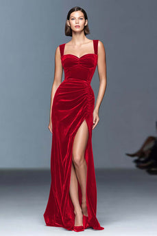 Plum Sheath Ruched Velvet Long Holiday Party Dress with Slit