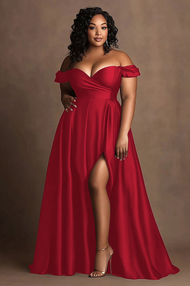 Load image into Gallery viewer, Queendancer Women Plus Size Red Satin Long Formal Dress with Slit A Line Sweetheart Off the Shoulder Party Dress