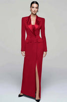 Load image into Gallery viewer, Queendancer Women Black Pencil Long Sleeves Blazer Dress with Slit Peak Lapel Double Breasted Coat Dress