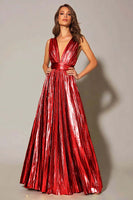 Load image into Gallery viewer, Sparkly Metallic Gold A-Line Pleated V-Neck Long Formal Dress