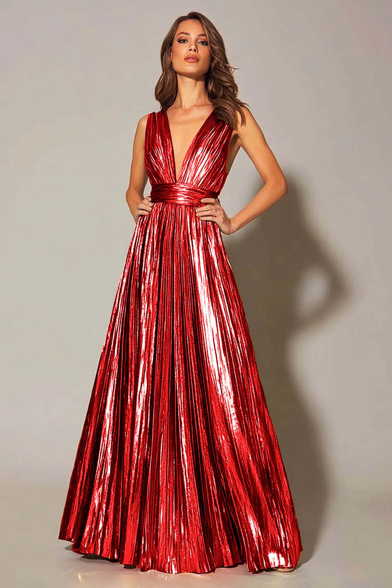 Load image into Gallery viewer, Sparkly Metallic Gold A-Line Pleated V-Neck Long Formal Dress