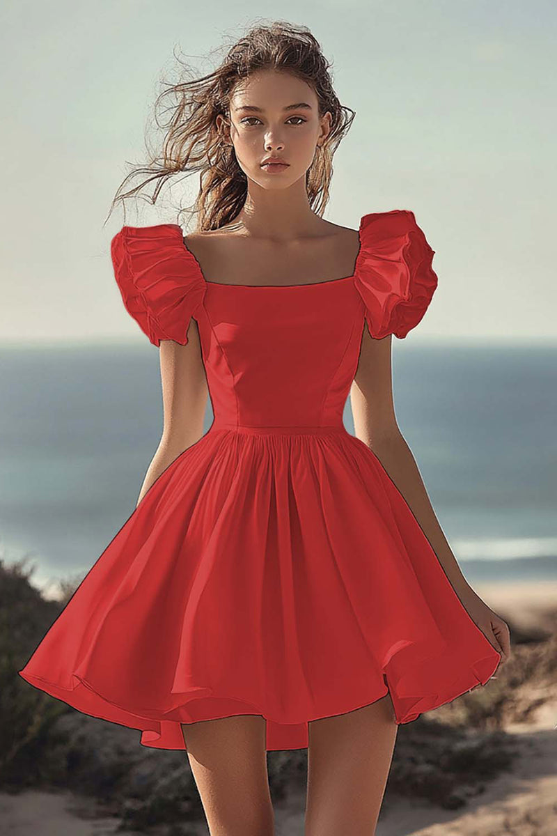 Load image into Gallery viewer, Black A Line Satin Mini Graduation Dress with Ruffles