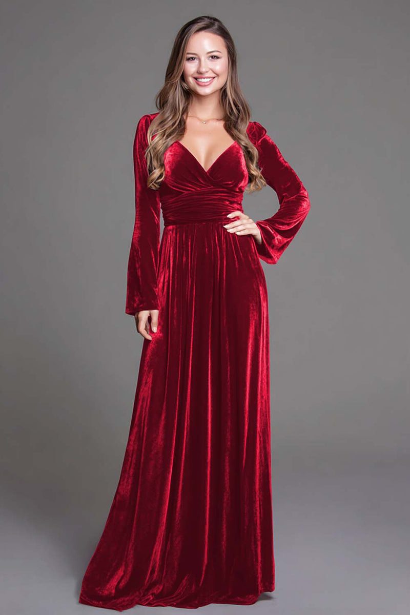 Load image into Gallery viewer, Burgundy Velvet A-Line V-Neck Long Sleeves Holiday Party Dress