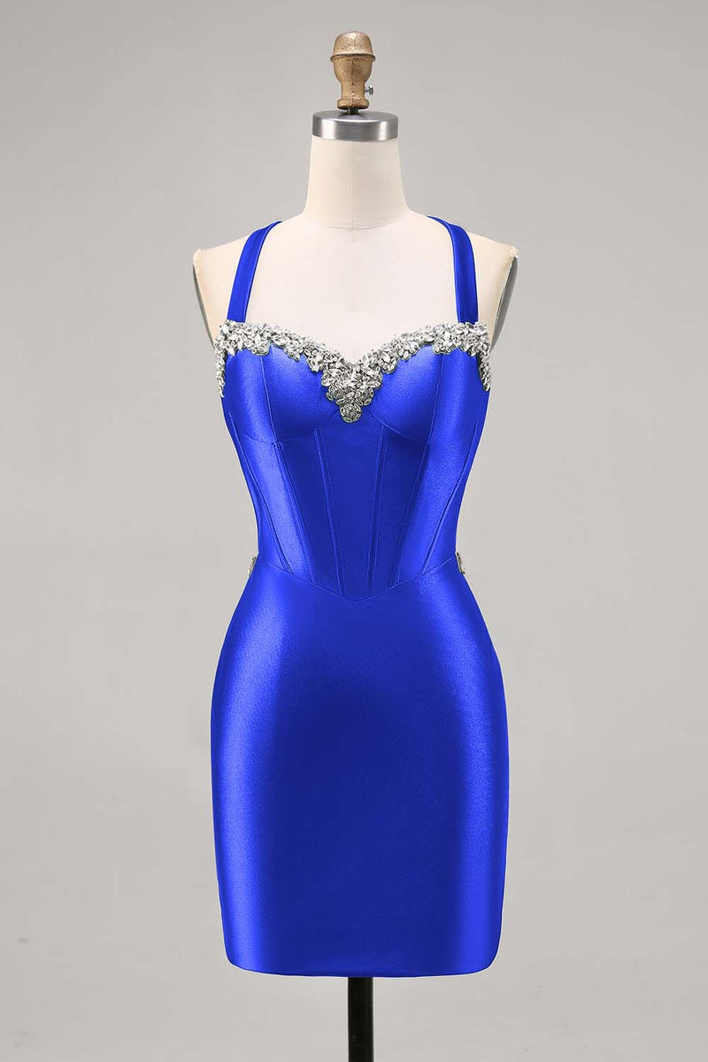 Load image into Gallery viewer, Sparkly Green Satin Corset Tight Short Homecoming Dress with Beading