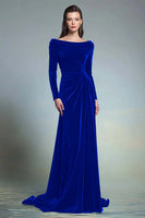 Load image into Gallery viewer, Dark Green Velvet Sheath Boat Neck Long Sleeves Formal Dress