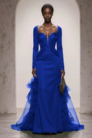 Load image into Gallery viewer, Dark Green Satin Mermaid Sweetheart Long Sleeves Formal Dress with Tulle