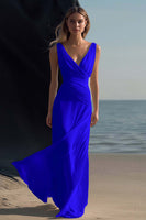 Load image into Gallery viewer, White Chiffon Sheath V-Neck Ruched Long Rehearsal Dinner Dress