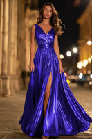 Load image into Gallery viewer, Sparkly Gold Metallic A-Line Ruched Pleated Long Formal Dress with Slit