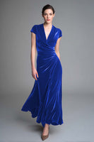Load image into Gallery viewer, Plum Ruched Velvet V Neck Long Holiday Party Dress with Sleeves