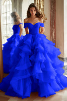 Load image into Gallery viewer, Pink Ball Gown A Line Tulle Off the Shoulder Tiered Long Quinceanera Dress with Ruffles