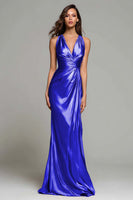 Load image into Gallery viewer, Sparkly Gold Metallic V-Neck Mermaid Ruched Long Formal Dress