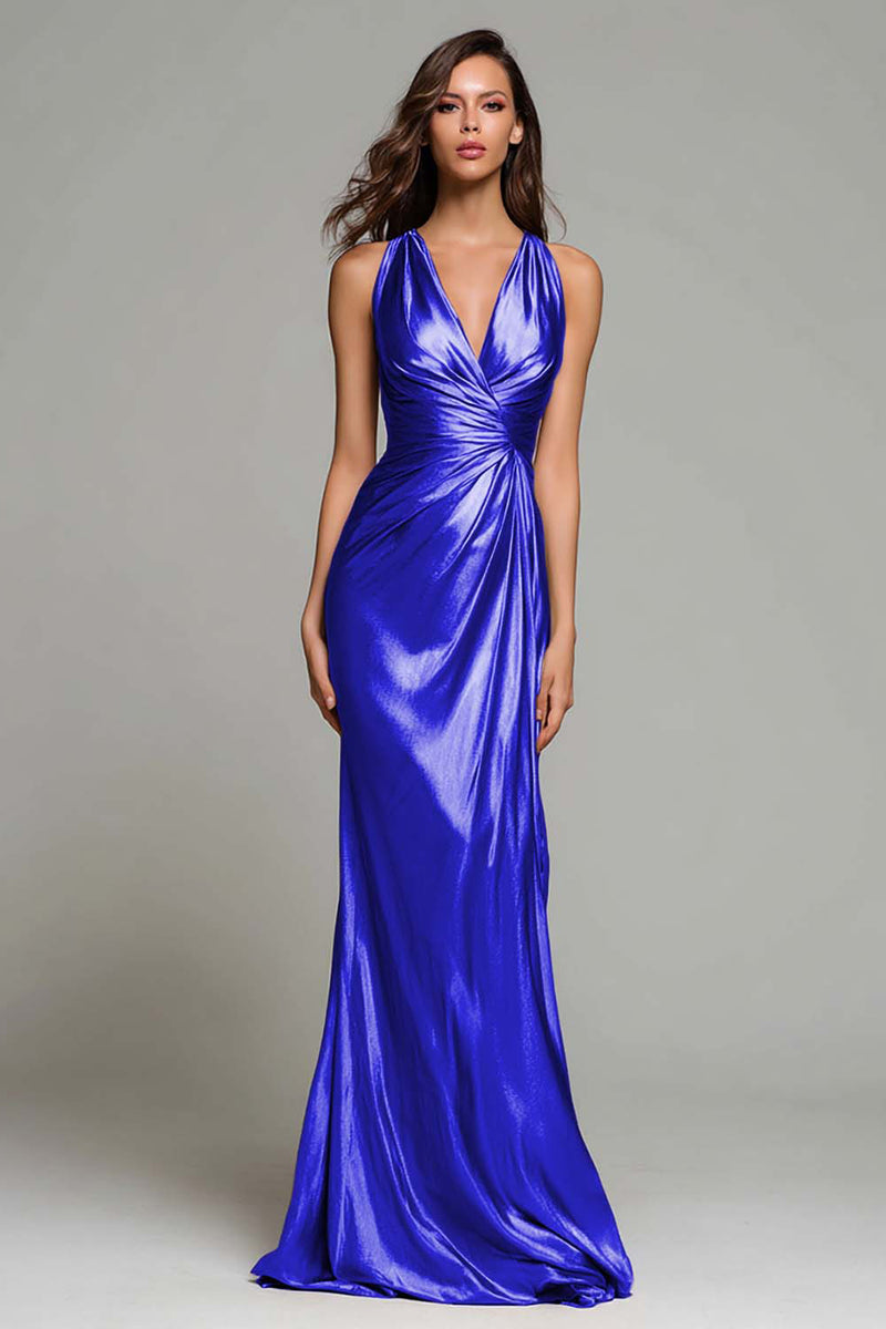 Load image into Gallery viewer, Sparkly Gold Metallic V-Neck Mermaid Ruched Long Formal Dress