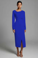 Load image into Gallery viewer, Ivory Sheath Ruched Long Sleeves Work Dress with Slit