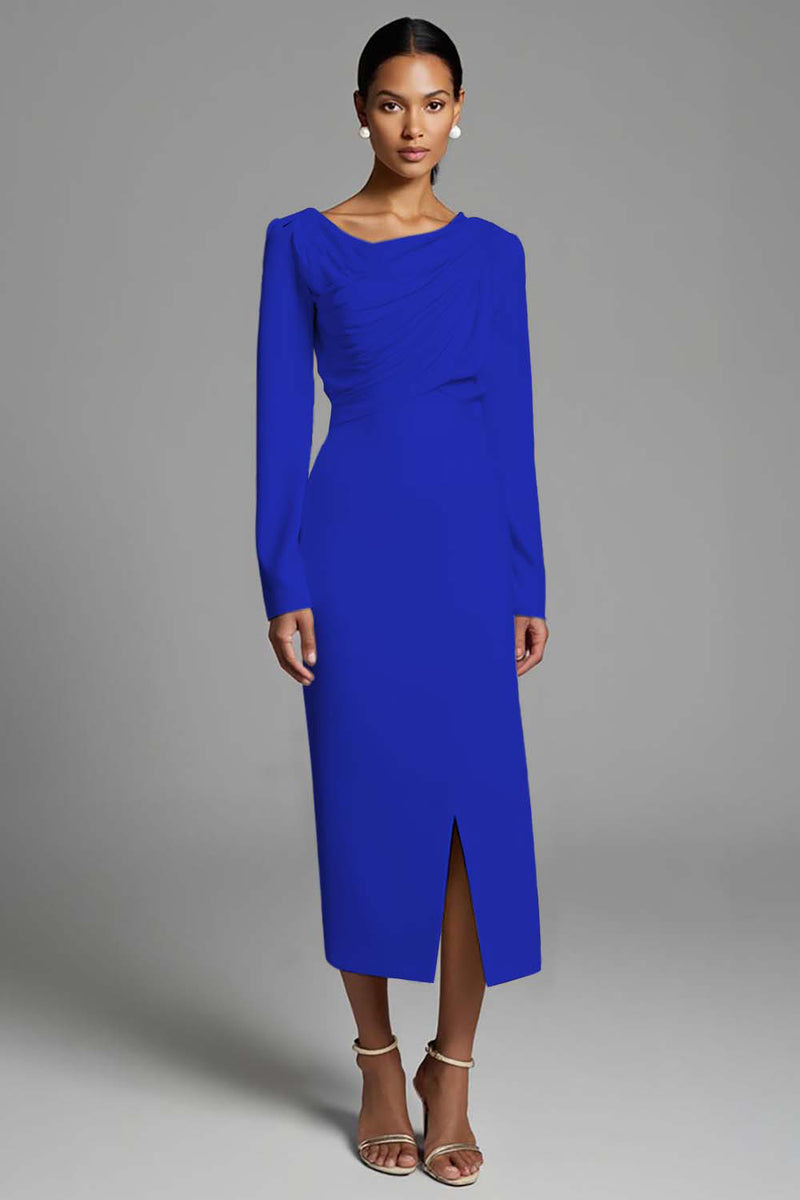 Load image into Gallery viewer, Ivory Sheath Ruched Long Sleeves Work Dress with Slit