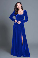 Load image into Gallery viewer, Royal Blue Square Neck Velvet Long Sleeves Holiday Party Dress with Slit