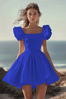 Load image into Gallery viewer, Black A Line Satin Mini Graduation Dress with Ruffles