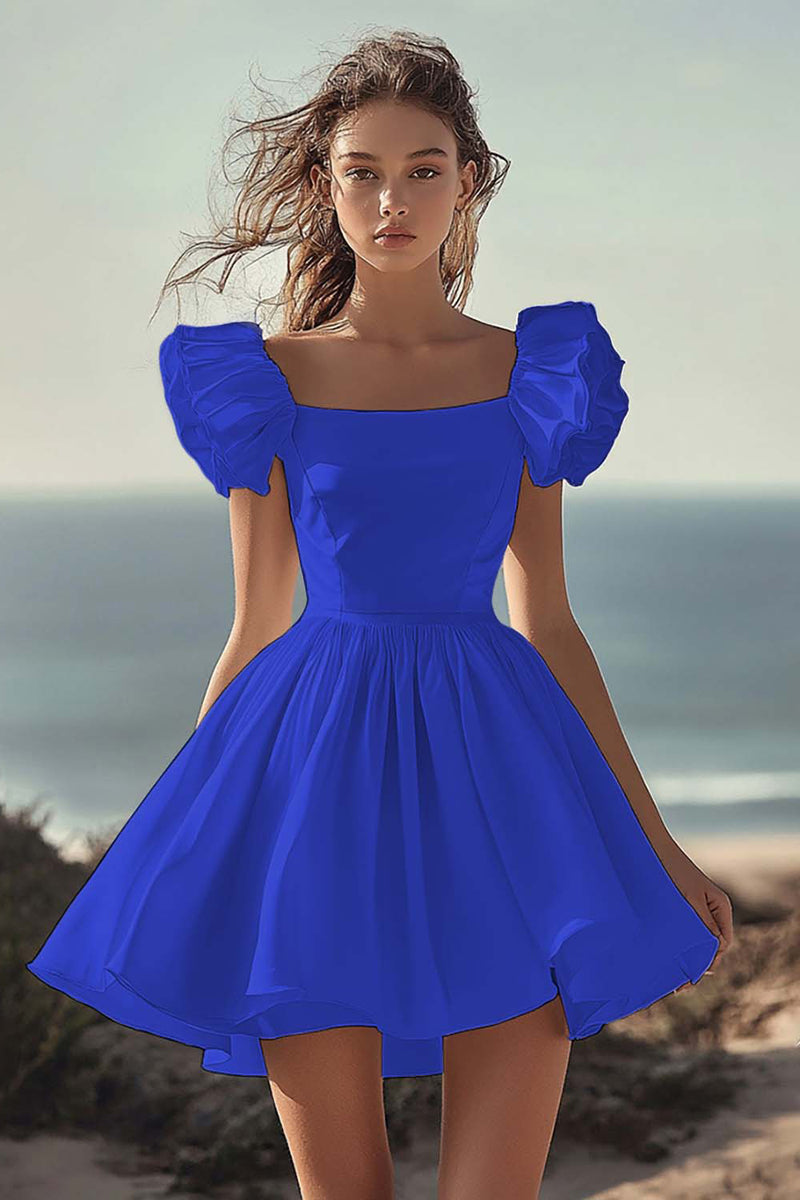 Load image into Gallery viewer, Black A Line Satin Mini Graduation Dress with Ruffles