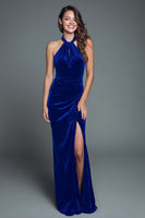 Load image into Gallery viewer, Burgundy Halter Velvet Mermaid Ruched Long Holiday Party Dress with Slit