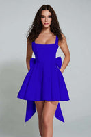 Load image into Gallery viewer, Plum A Line Square Neck Short Homecoming Dress with Bow