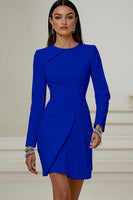 Load image into Gallery viewer, Queendancer Women Ivory Pleated Short Work Dress Long Sleeves Pencil Round Neck Business Dress