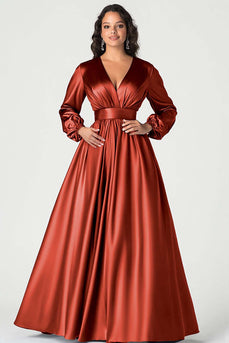 Queendancer Women Plum Satin Long Sleeves Mother of the Bride Dress Ball Gown A Line V-Neck Pleated Wedding Guest Dress