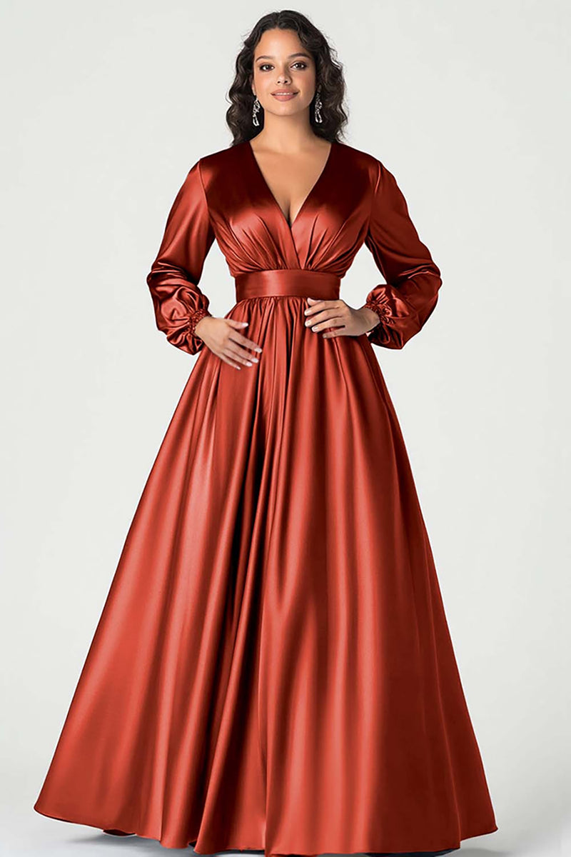 Load image into Gallery viewer, Queendancer Women Plum Satin Long Sleeves Mother of the Bride Dress Ball Gown A Line V-Neck Pleated Wedding Guest Dress
